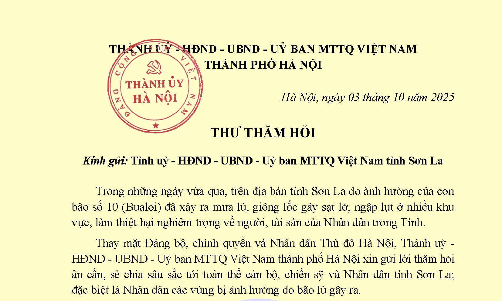 Thư thăm hỏi của Thành ủy - HĐND-UBND-Ủy ban MTTQ Việt Nam Thành phố Hà Nội