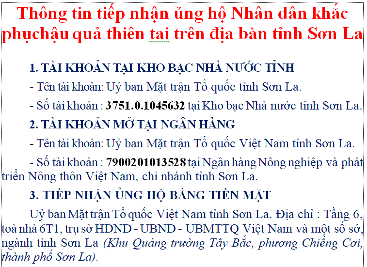 Thông tin tiếp nhận và thời gian tiếp nhận ủng hộ Nhân dân khắc phục hậu quả thiên tai trên địa bàn tỉnh Sơn La